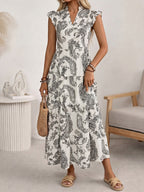 Maxi Dress Boho Paisley Balck Print V-Neck Ruffle Layered Short Sleeve
