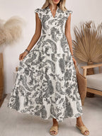 Maxi Dress Boho Paisley Balck Print V-Neck Ruffle Layered Short Sleeve