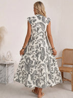 Maxi Dress Boho Paisley Balck Print V-Neck Ruffle Layered Short Sleeve