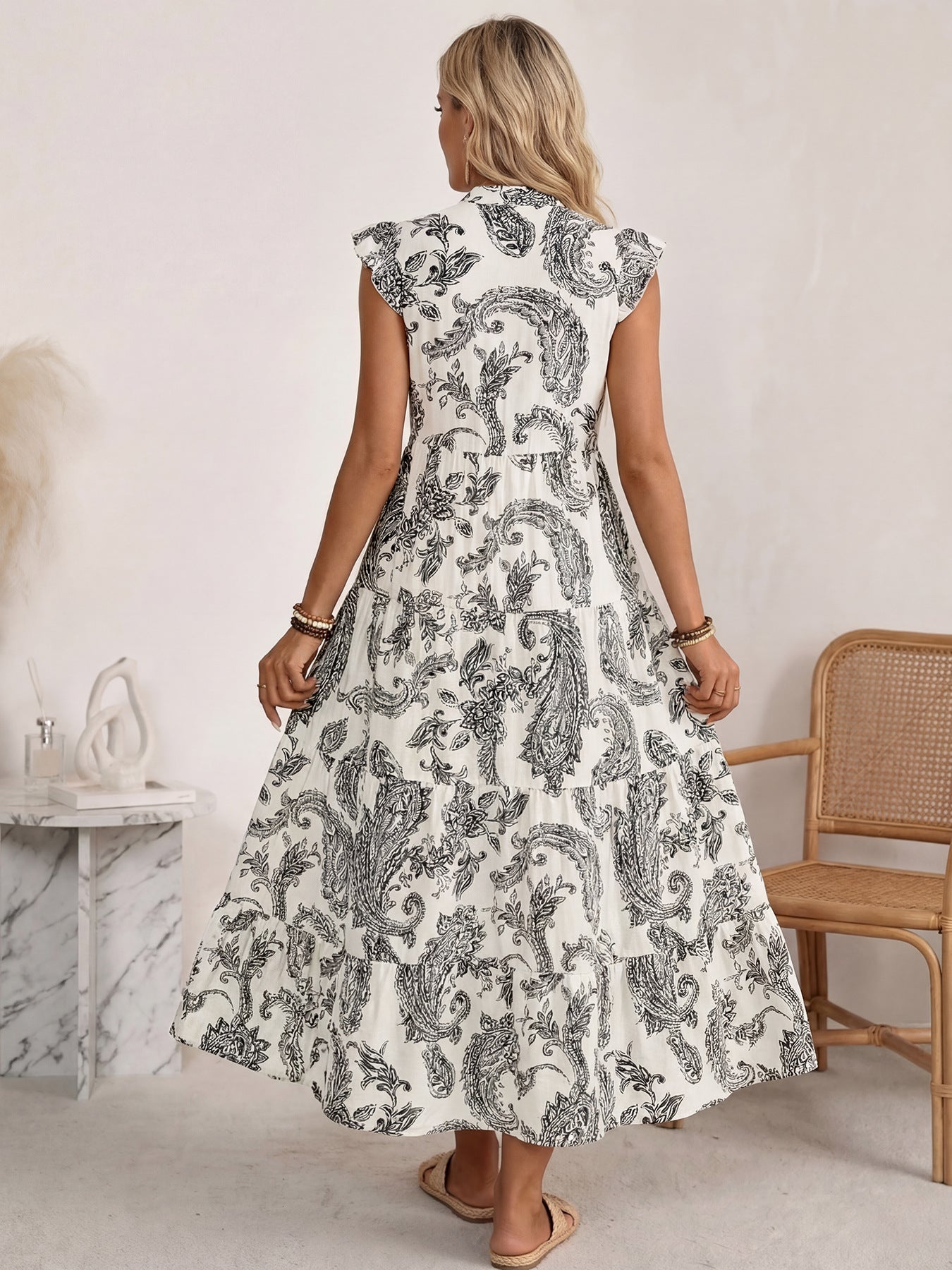 Maxi Dress Boho Paisley Balck Print V-Neck Ruffle Layered Short Sleeve