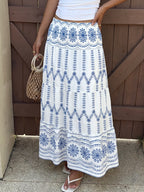 Maxi Skirt Floral Blue Print Casual A-Line Ruffle Layered Elastic Smocked Waist