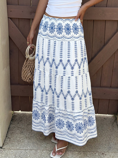 Maxi Skirt Floral Blue Print Casual A-Line Ruffle Layered Elastic Smocked Waist