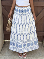 Maxi Skirt Floral Blue Print Casual A-Line Ruffle Layered Elastic Smocked Waist