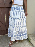 Maxi Skirt Floral Blue Print Casual A-Line Ruffle Layered Elastic Smocked Waist