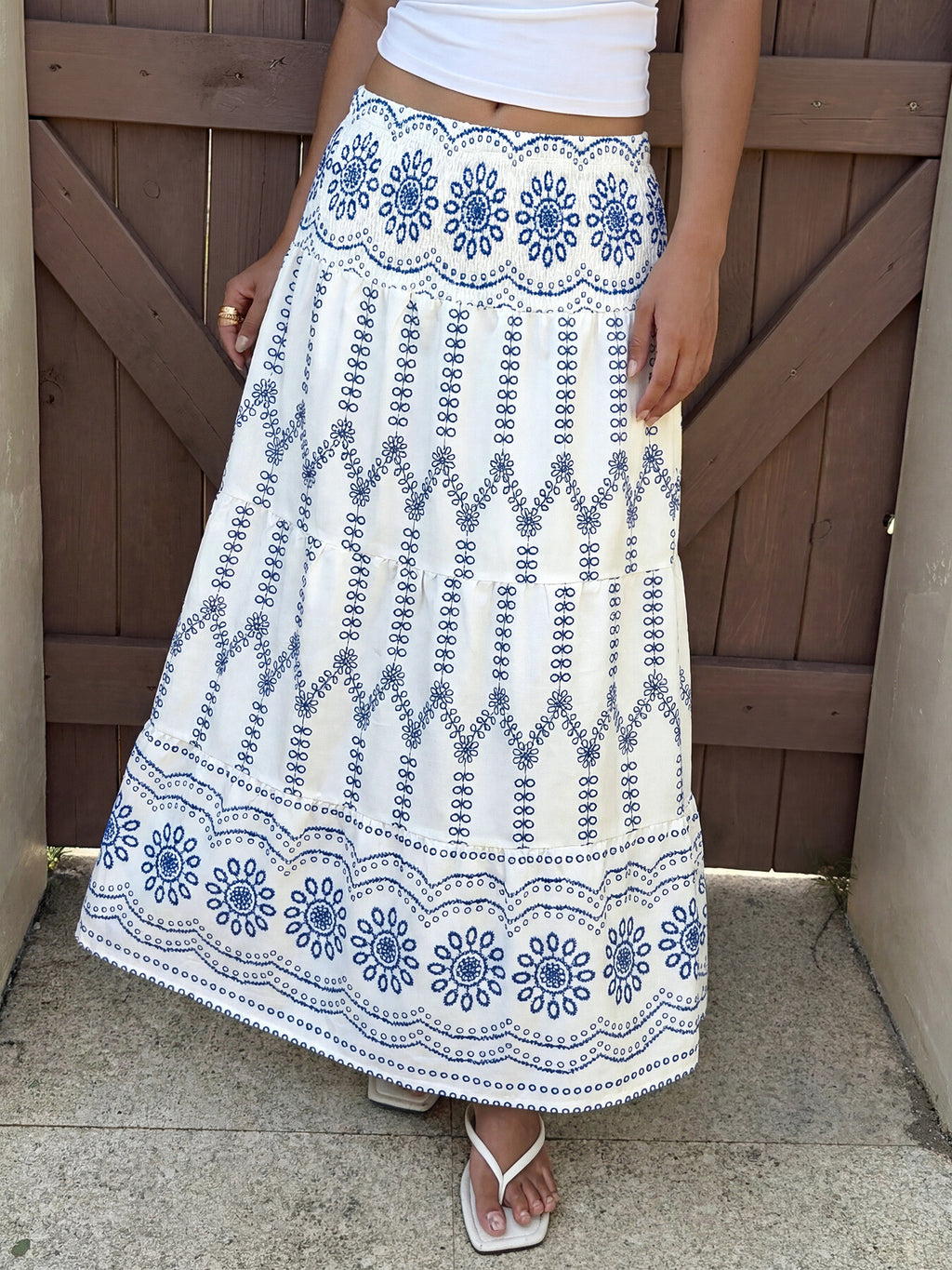 Maxi Skirt Floral Blue Print Casual A-Line Ruffle Layered Elastic Smocked Waist