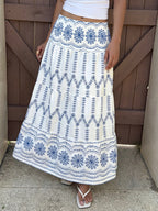 Maxi Skirt Floral Blue Print Casual A-Line Ruffle Layered Elastic Smocked Waist