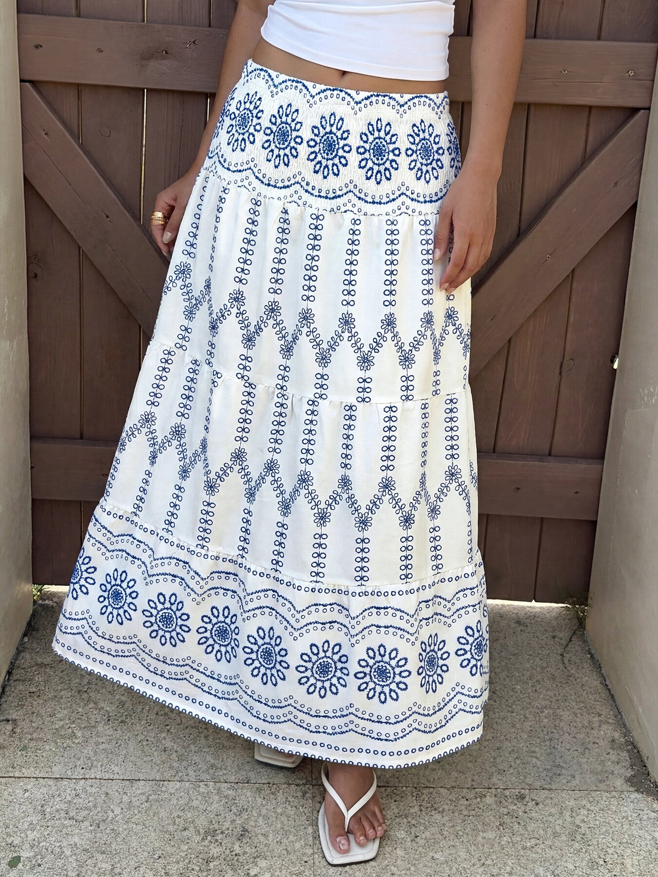 Maxi Skirt Floral Blue Print Casual A-Line Ruffle Layered Elastic Smocked Waist
