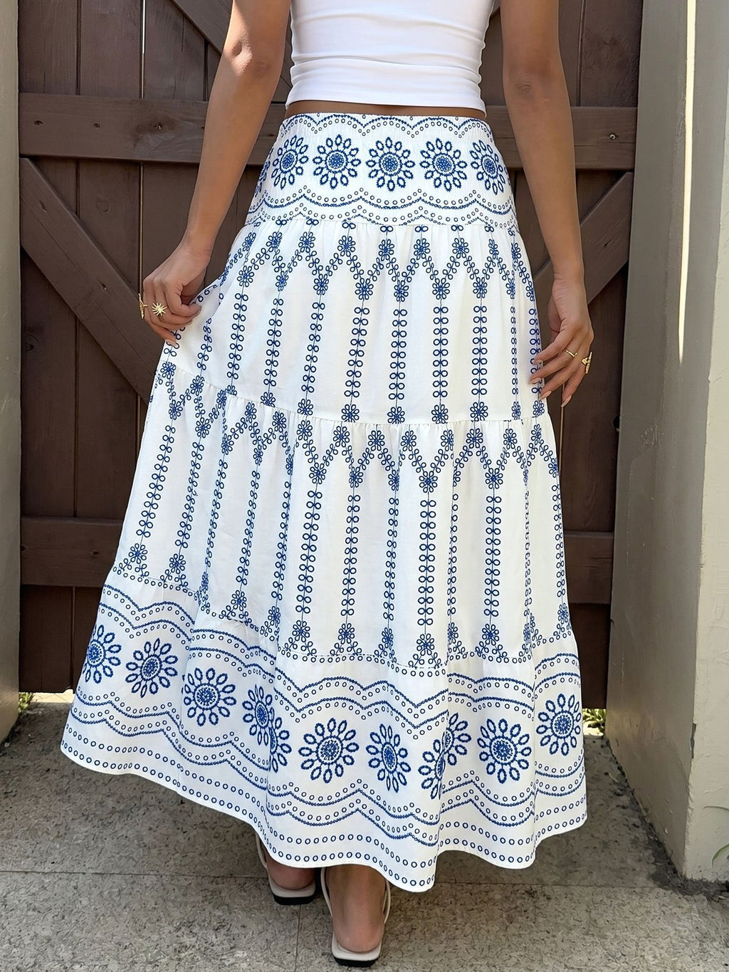 Maxi Skirt Floral Blue Print Casual A-Line Ruffle Layered Elastic Smocked Waist