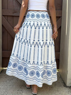 Maxi Skirt Floral Blue Print Casual A-Line Ruffle Layered Elastic Smocked Waist
