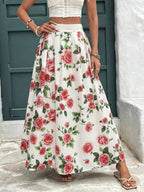 Maxi Skirt Floral Rose Print Flowing A-Line Pleated Ruffle Casual High Waisted