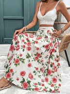 Maxi Skirt Floral Rose Print Flowing A-Line Pleated Ruffle Casual High Waisted