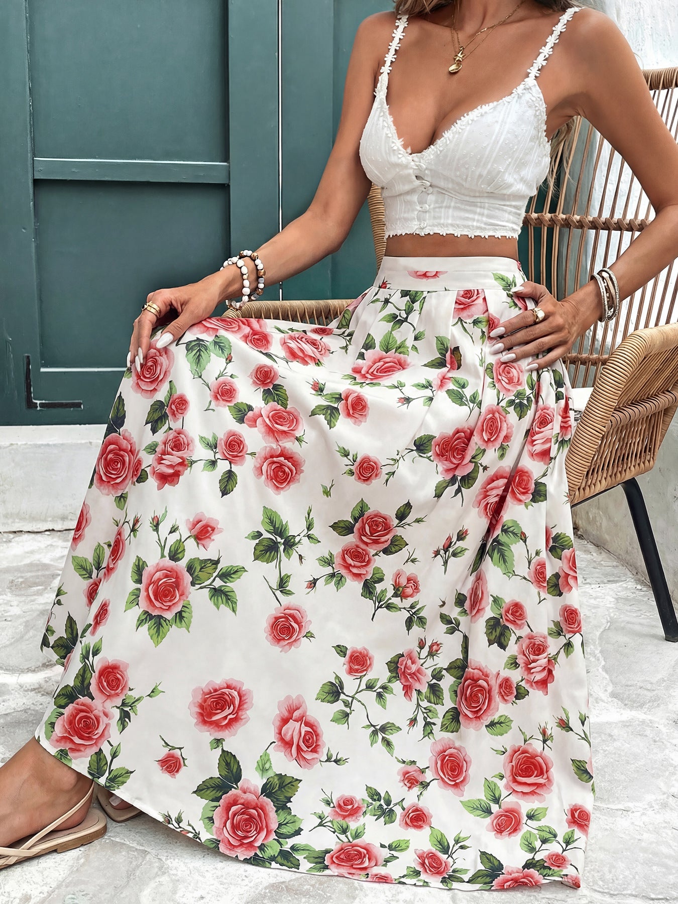 Maxi Skirt Floral Rose Print Flowing A-Line Pleated Ruffle Casual High Waisted