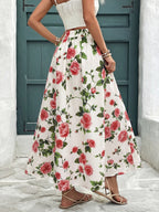 Maxi Skirt Floral Rose Print Flowing A-Line Pleated Ruffle Casual High Waisted