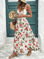 Maxi Skirt Floral Rose Print Flowing A-Line Pleated Ruffle Casual High Waisted
