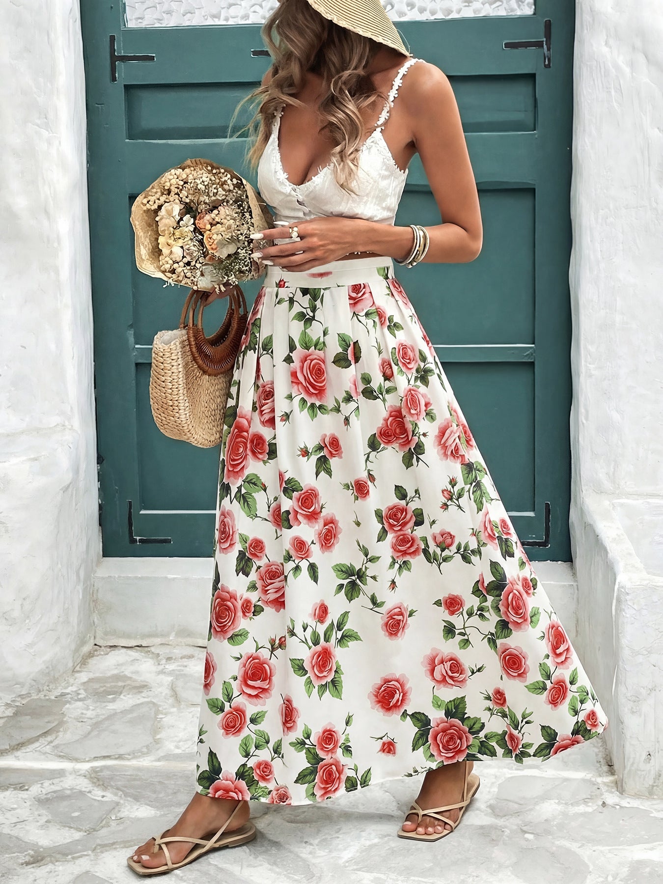 Maxi Skirt Floral Rose Print Flowing A-Line Pleated Ruffle Casual High Waisted