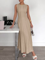 Maxi Dress Sleeveless Textured Round Neck Pleated Khaki Fashion Elegant