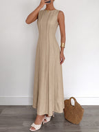 Maxi Dress Sleeveless Textured Round Neck Pleated Khaki Fashion Elegant