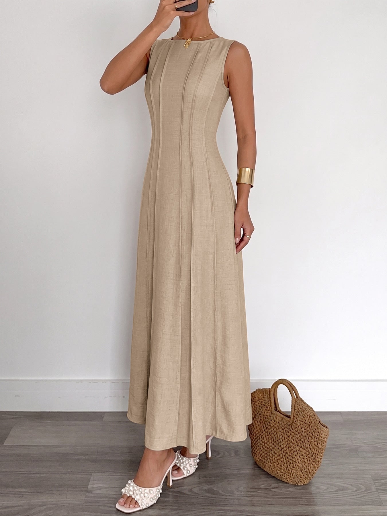Maxi Dress Sleeveless Textured Round Neck Pleated Khaki Fashion Elegant