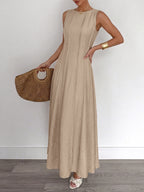 Maxi Dress Sleeveless Textured Round Neck Pleated Khaki Fashion Elegant