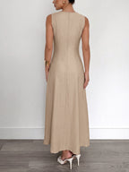 Maxi Dress Sleeveless Textured Round Neck Pleated Khaki Fashion Elegant