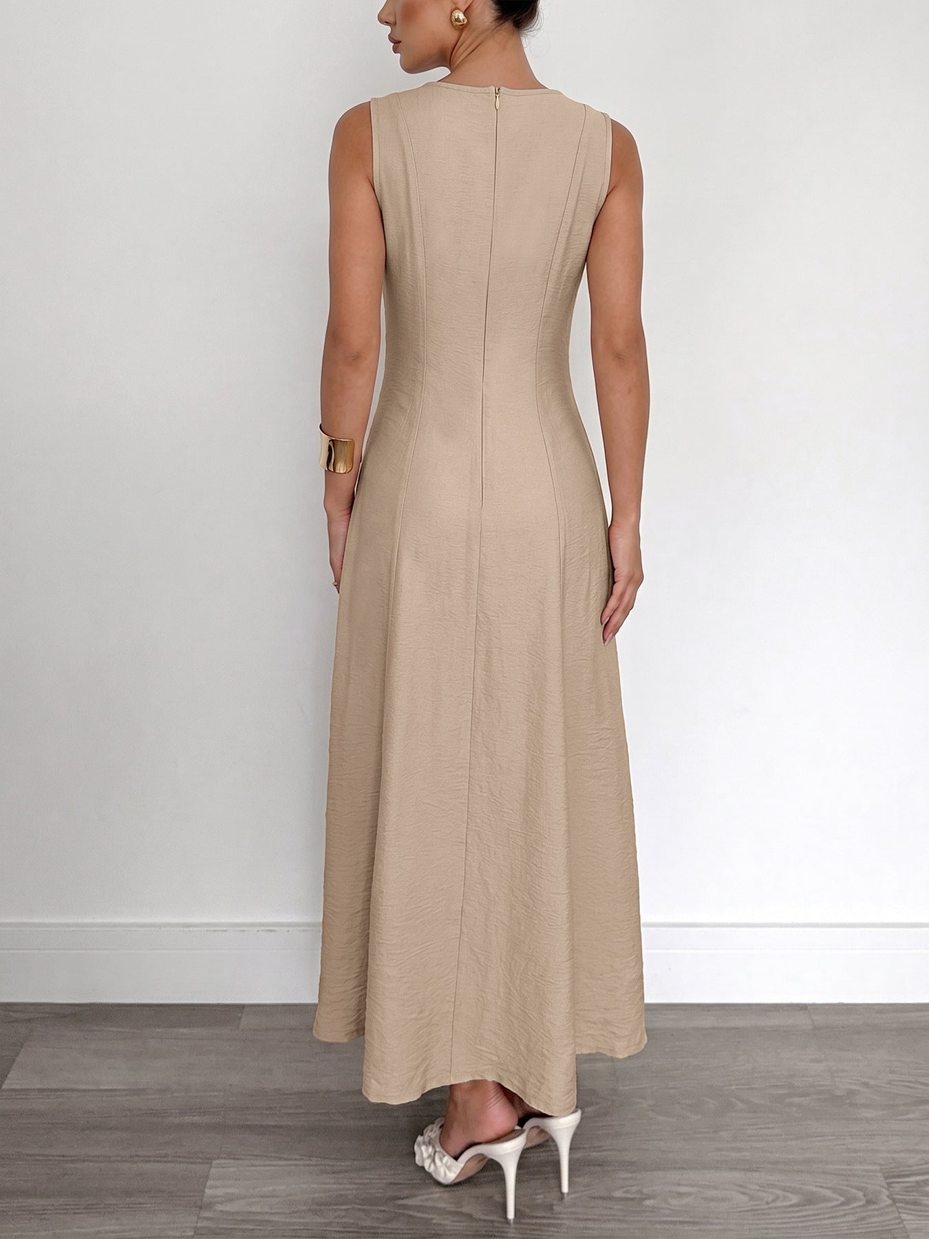 Maxi Dress Sleeveless Textured Round Neck Pleated Khaki Fashion Elegant