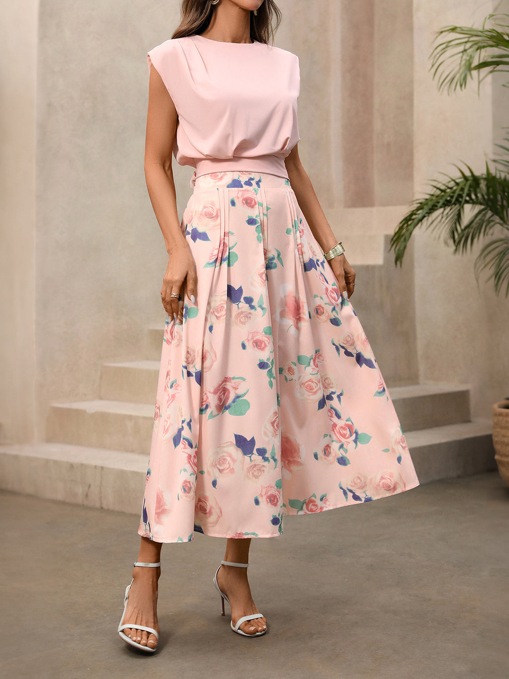 Fashion Outfit Set Pink Sleeveless Bow Tie Blouse and Floral Ruffle Midi Skirt