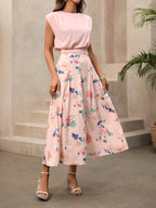 Fashion Outfit Set Pink Sleeveless Bow Tie Blouse and Floral Ruffle Midi Skirt