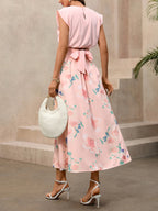 Fashion Outfit Set Pink Sleeveless Bow Tie Blouse and Floral Ruffle Midi Skirt