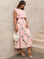 Fashion Outfit Set Pink Sleeveless Bow Tie Blouse and Floral Ruffle Midi Skirt
