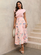 Fashion Outfit Set Pink Sleeveless Bow Tie Blouse and Floral Ruffle Midi Skirt