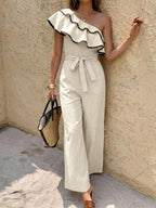 Fashion Jumpsuit Ruffled One-Shoulder Wide-Leg with Belt Tie Waist Overall