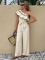 Fashion Jumpsuit Ruffled One-Shoulder Wide-Leg with Belt Tie Waist Overall