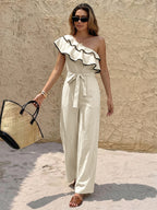 Fashion Jumpsuit Ruffled One-Shoulder Wide-Leg with Belt Tie Waist Overall