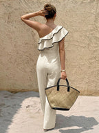 Fashion Jumpsuit Ruffled One-Shoulder Wide-Leg with Belt Tie Waist Overall