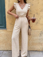 V-Neck Jumpsuit Wide-Leg Ruffled Short Sleeve Casual Fashion Overall One-piece