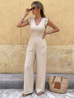 V-Neck Jumpsuit Wide-Leg Ruffled Short Sleeve Casual Fashion Overall One-piece