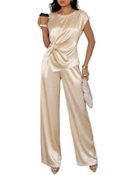 Fashion Party Outfit Set Satin Twist Tank Top Sleeveless and Wide-Leg Pants Beige