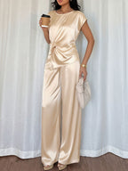Fashion Party Outfit Set Satin Twist Tank Top Sleeveless and Wide-Leg Pants Beige