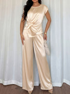 Fashion Party Outfit Set Satin Twist Tank Top Sleeveless and Wide-Leg Pants Beige