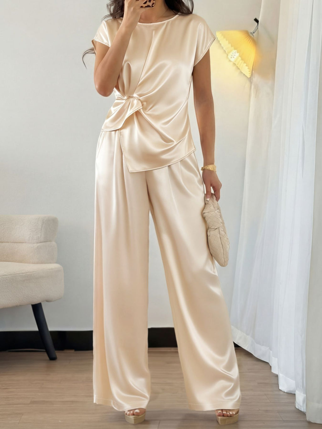 Fashion Party Outfit Set Satin Twist Tank Top Sleeveless and Wide-Leg Pants Beige