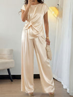 Fashion Party Outfit Set Satin Twist Tank Top Sleeveless and Wide-Leg Pants Beige
