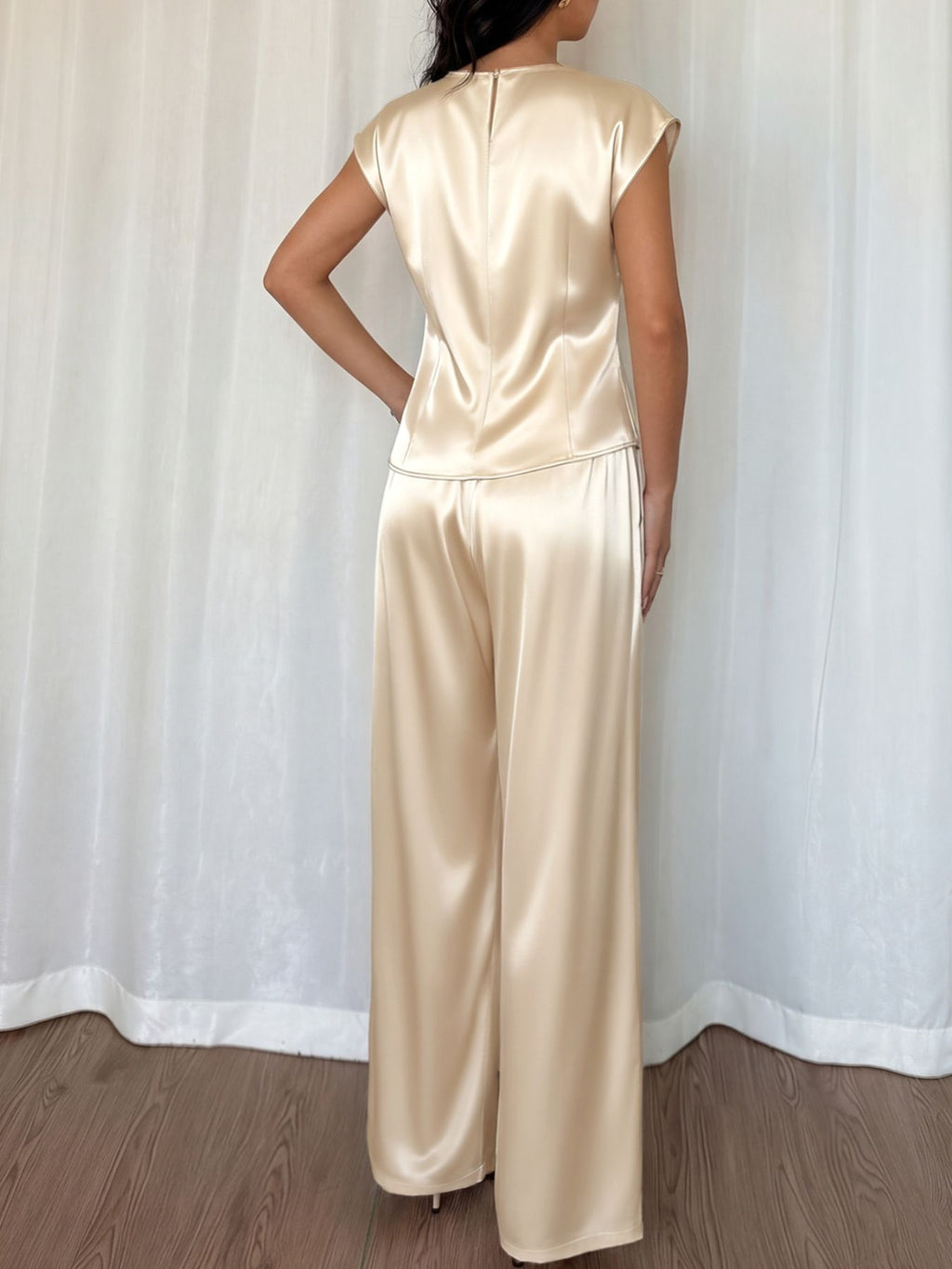 Fashion Party Outfit Set Satin Twist Tank Top Sleeveless and Wide-Leg Pants Beige
