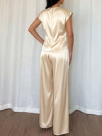 Fashion Party Outfit Set Satin Twist Tank Top Sleeveless and Wide-Leg Pants Beige