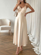 Satin Midi Dress V-Neck Pleated High Waist Champagne Party Sleeveless Strappy