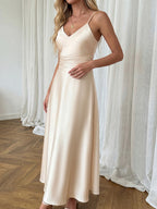 Satin Midi Dress V-Neck Pleated High Waist Champagne Party Sleeveless Strappy