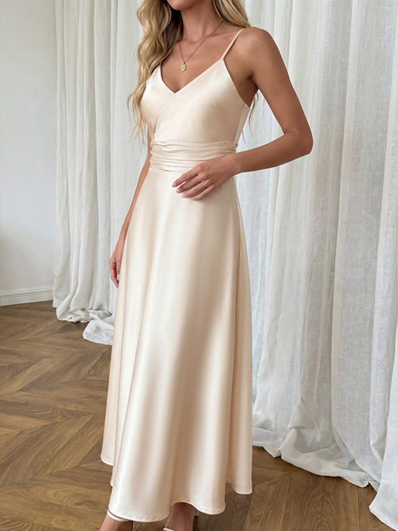 Satin Midi Dress V-Neck Pleated High Waist Champagne Party Sleeveless Strappy