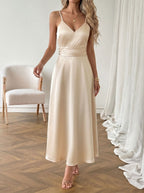 Satin Midi Dress V-Neck Pleated High Waist Champagne Party Sleeveless Strappy