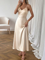 Satin Midi Dress V-Neck Pleated High Waist Champagne Party Sleeveless Strappy