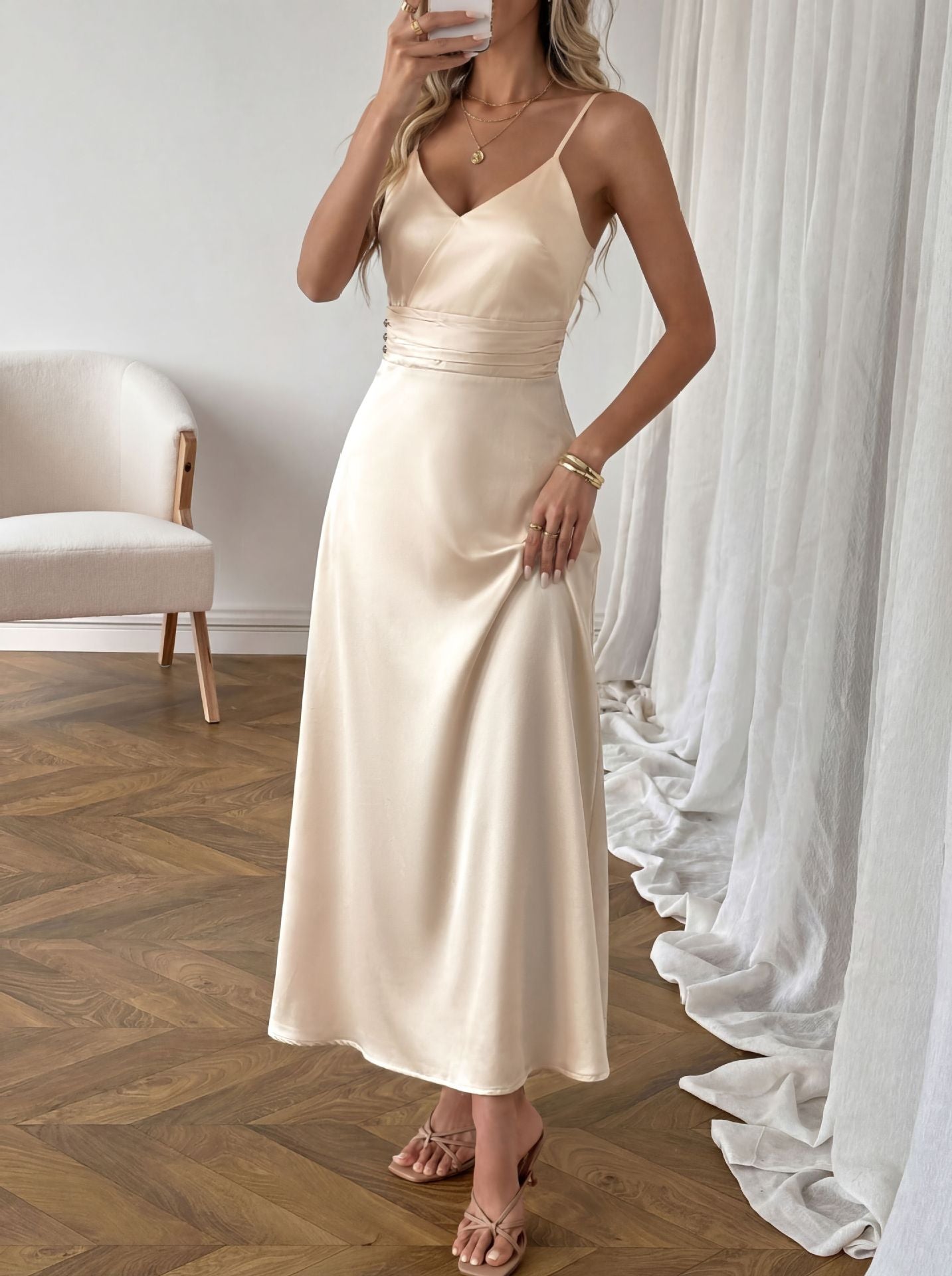 Satin Midi Dress V-Neck Pleated High Waist Champagne Party Sleeveless Strappy
