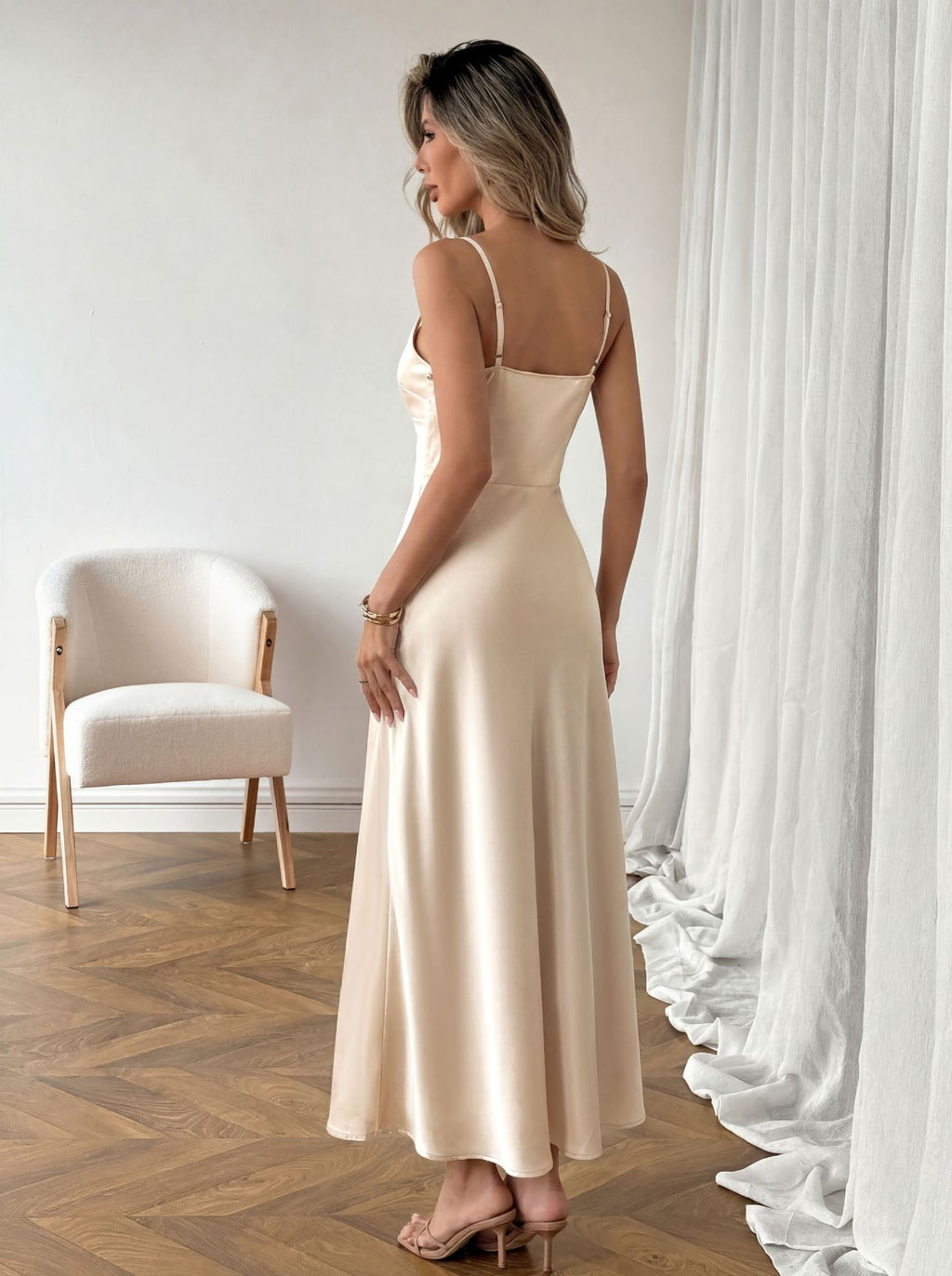 Satin Midi Dress V-Neck Pleated High Waist Champagne Party Sleeveless Strappy